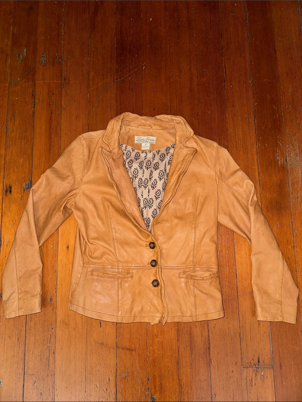 Vintage Lucky Brand Soft Lamb Leather 3 Button Front Pocket Tan Blazer Jacket